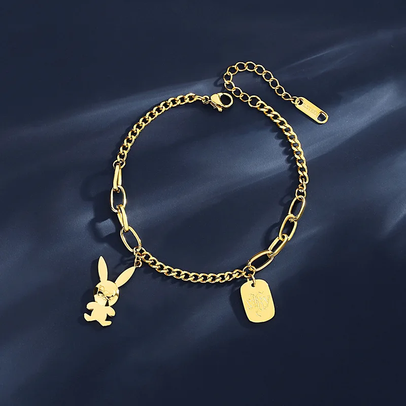 Новый браслет в стиле хип-хоп с гравировкой квадратной табличкой 18K позолоченный из нержавеющей стали подвеской виде кролика