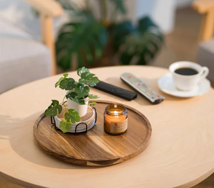 Farmhouse Rustic Round Acacia Wooden Turntable Decorative Coffee Table Trays Lazy Susan Gabinete Organizer