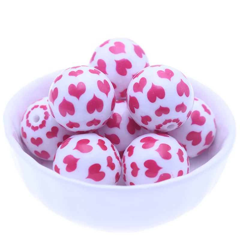 Wholesale Fashion New Bubblegum Chunky Loose Round 20mm Print Red Heart Gumball Acrylic Beads For Collars