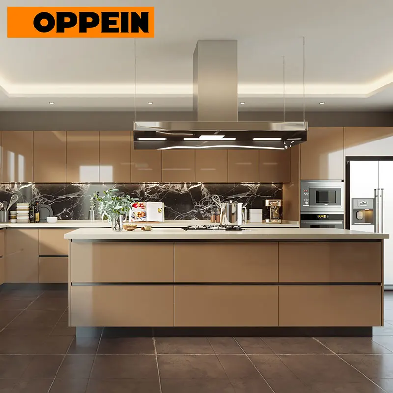 OPPEIN Glossy HPL Handleless Complete Kitchen Cabinet OEM European Style Melamine Kitchen Cabinet Modern MDF Laminate Guangzhou