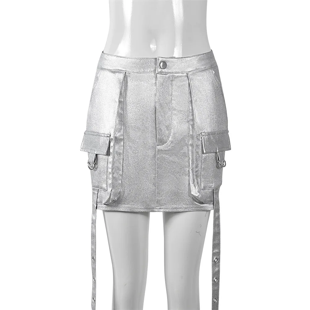 X11269C Metallic Silver Pink PU Leather Skirts for Woman Streetwear Sexy High Waist Cargo Mini Skirt Fashion 2024