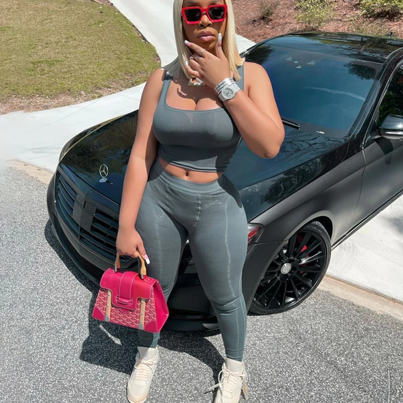 Ribbed Knitting Women 2 Piece Set Gym Crop Tank Top Leggings Set Casual Streetwear Sporty Tracksuit 2021 Summer Active Wear