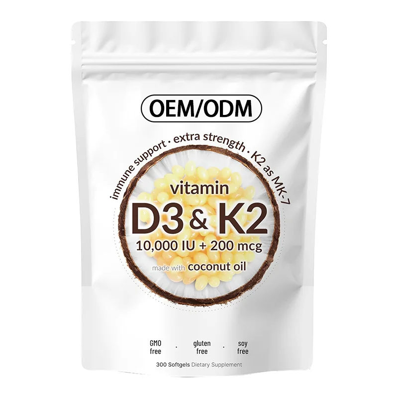 Hot Sale Oem Vitamin D3+K2 Capsules Stronger Bones Vitamin D3 10000 Iu Vitamin K2 200 mcg 300 Capsule