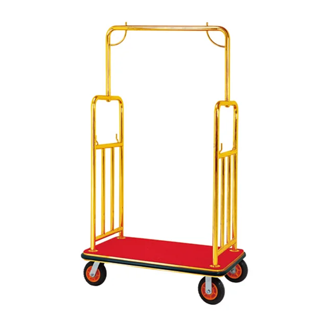 Wholesale Modern Hotel Lobby Bellman Luggage Carrier Trolley New Design Gold Titanium Serving Trolley Supplies for Hotels
