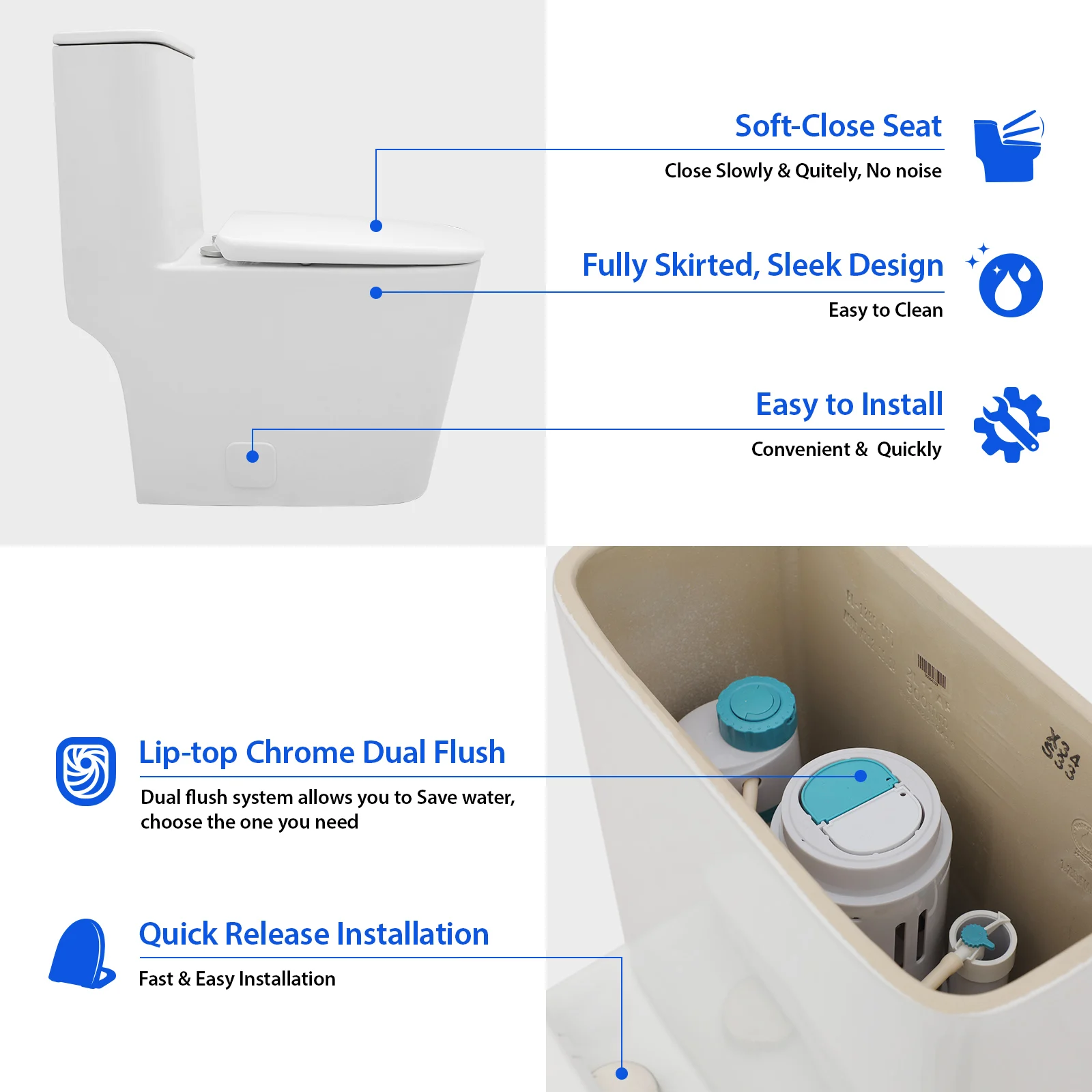 White Elongated One Piece Toilet High Efficiency Dual Flush 1.1/1.6 GPF, 12' Rough-In Toilet with Comfortable Seat HeightToilet