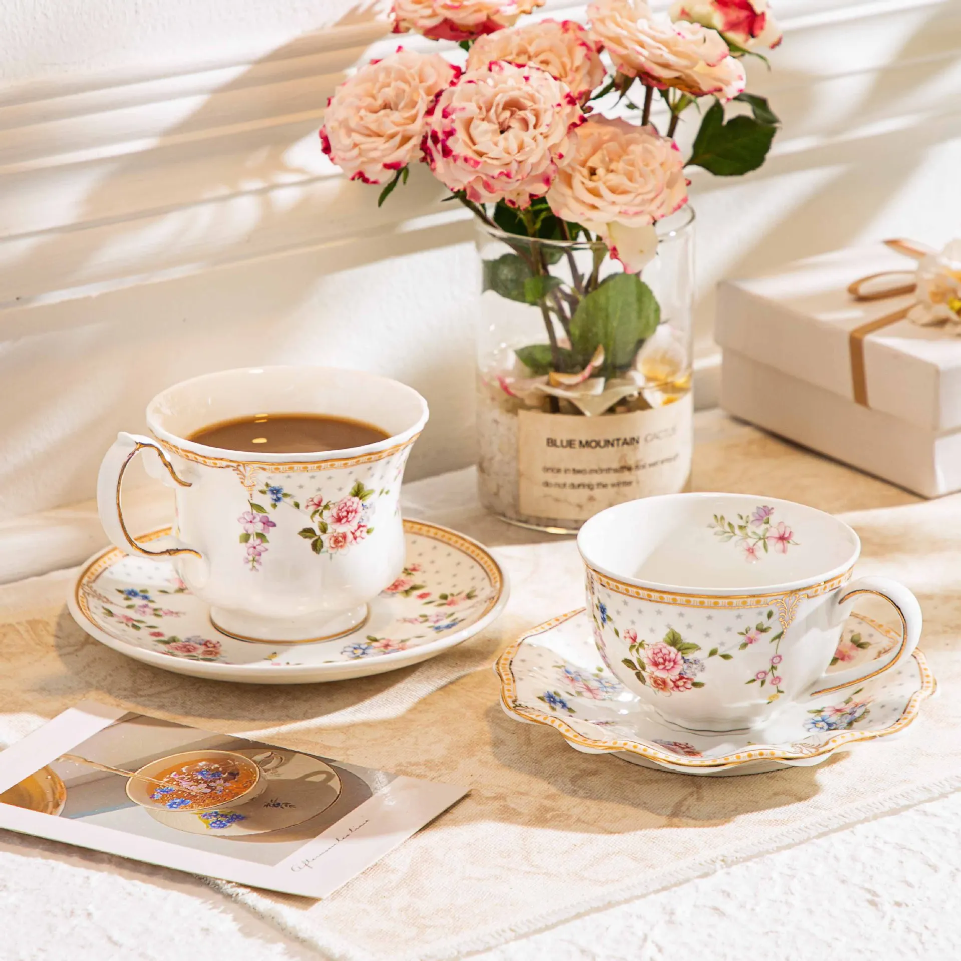 Elegant Vintage Floral Ceramic Tea Mug & Saucer Set Classic Gold Trim for Espresso Afternoon Tea or Home Use for Christmas