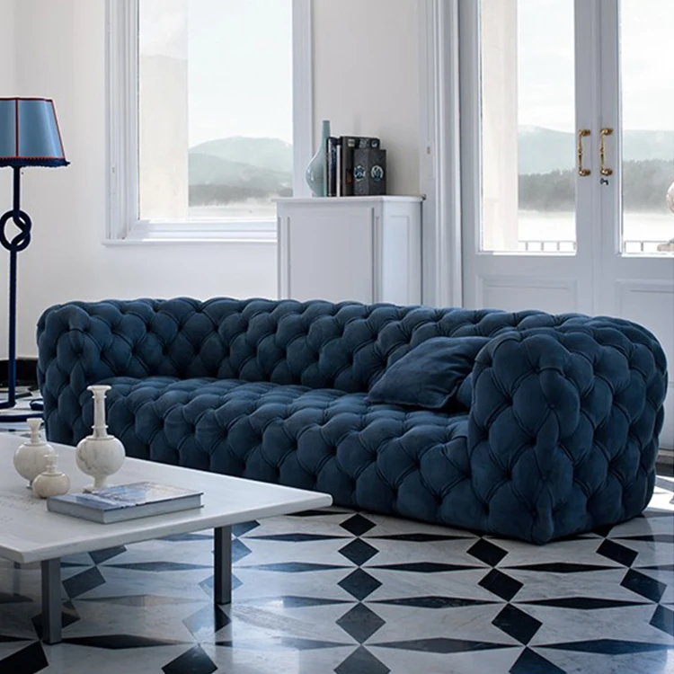 Mid Century Classic Sofa Chesterfield Blue Leather Lounge Sofa for Living Room Home tufted couch sofa sets