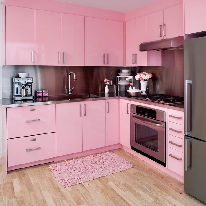 Chinese factory sale modern commercial mdf kitchen cabinet design pink gloss acrylic laminate kitchen cabinets