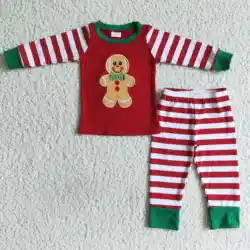 Embroidery Gingerbread Print Christmas Color Striped Kids Boys Cozy Fabric 2 Piece Winter Style