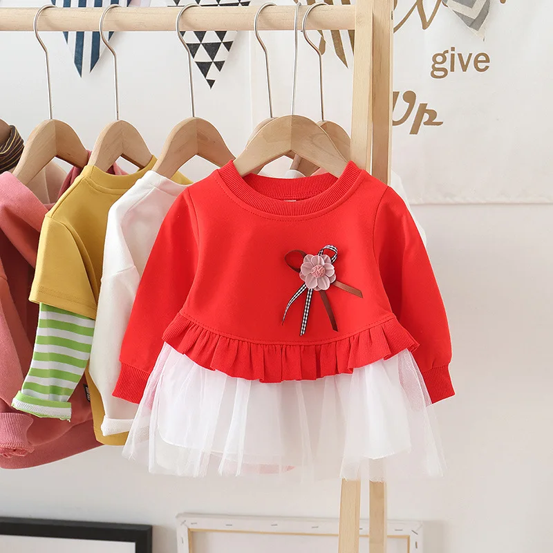 Hao Baby Girls 2022 Spring New 1-3 Year Old Baby Long Sleeve Toddler Stitching Net Yarn Infant Princess Skirt