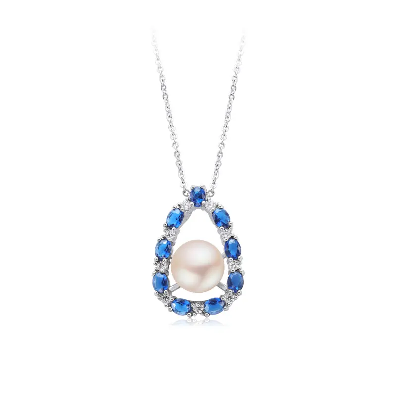 Keiyue 925 sterling silver ring earrings necklace cubic blue zirconia freshwater pearl jewelry set