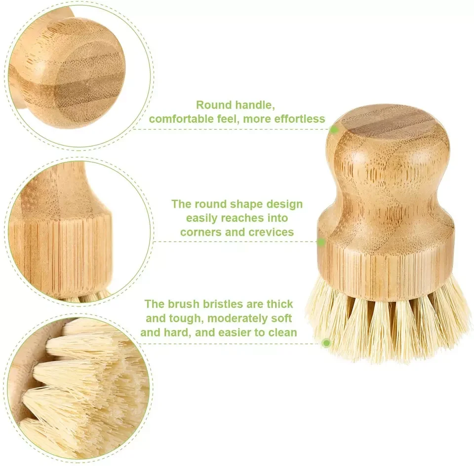 eco friendly kitchen bamboo cleaning brush wood plant short handle round dish pot scrubber