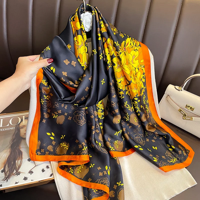 Hot Sale 2023 New Floral Printed Silk Scarves Shawls For Ladies Stoles Luxury Silk Scarf  Long Large Designer Silk Neck Scarf