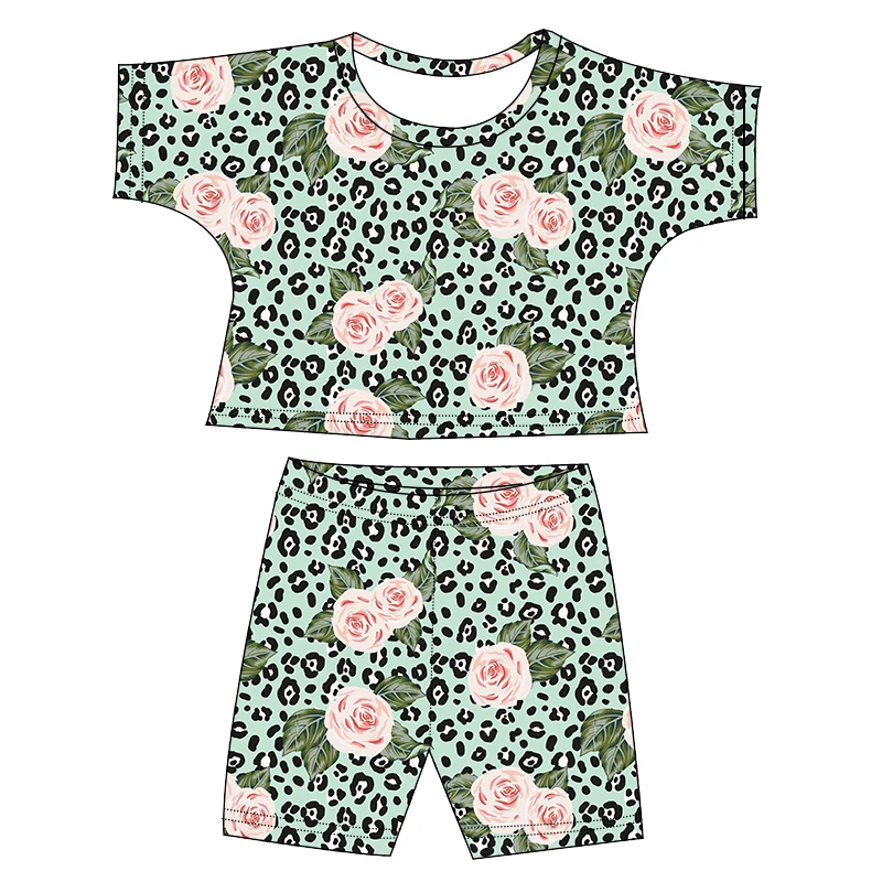 Wholesale Western Print Short Sleeve Crop Top Shirt Biker Short 2 Pieces Sets For Girl Summer Outfits Kids Lounge Sets