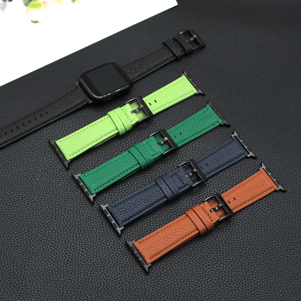 Litchi Grain Genuine Leather Watch Band Cowhide Pressed Thread  Leather Watch Strap for IWatch Series Ultra 7 6 5 4 SE Wristband