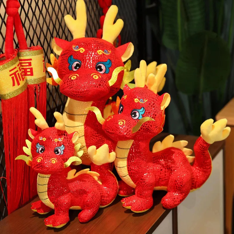 HL 2024 New Cartoon Zodiac Dragon Year Mascot Red Chinese Dragon Plush Toy Soft Stuffed Anime Animal Dragon Doll New Years Gift