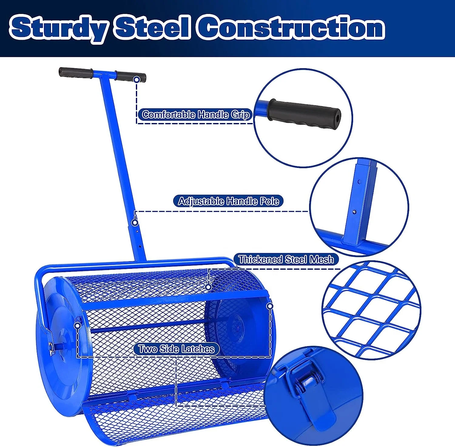 AN-TAI Lawn Spreader Roller Multi Purpose Time Saving Effective Adjustable Handle Metal Mesh Peat Moss Spreader