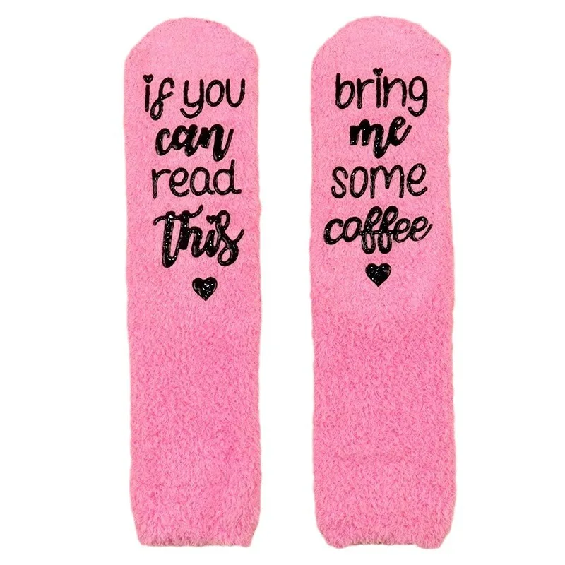 Winter Indoor Pink Soft warm Cozy Socks Anti slip custom Logo Fuzzy Socks Fluffy Thick Thermal  Heavy socks for Women