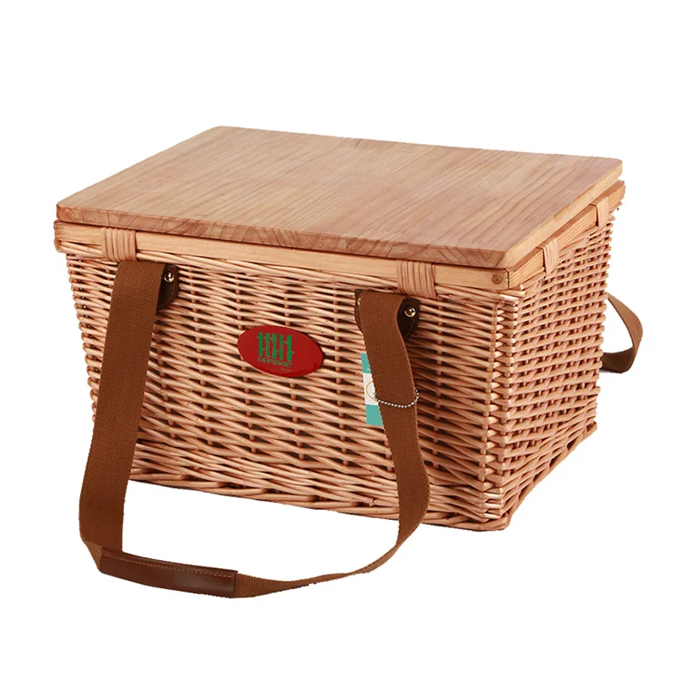 Wholesale OEM outdoor Camping handmade wooden basket rattan basket picnic basket with lid