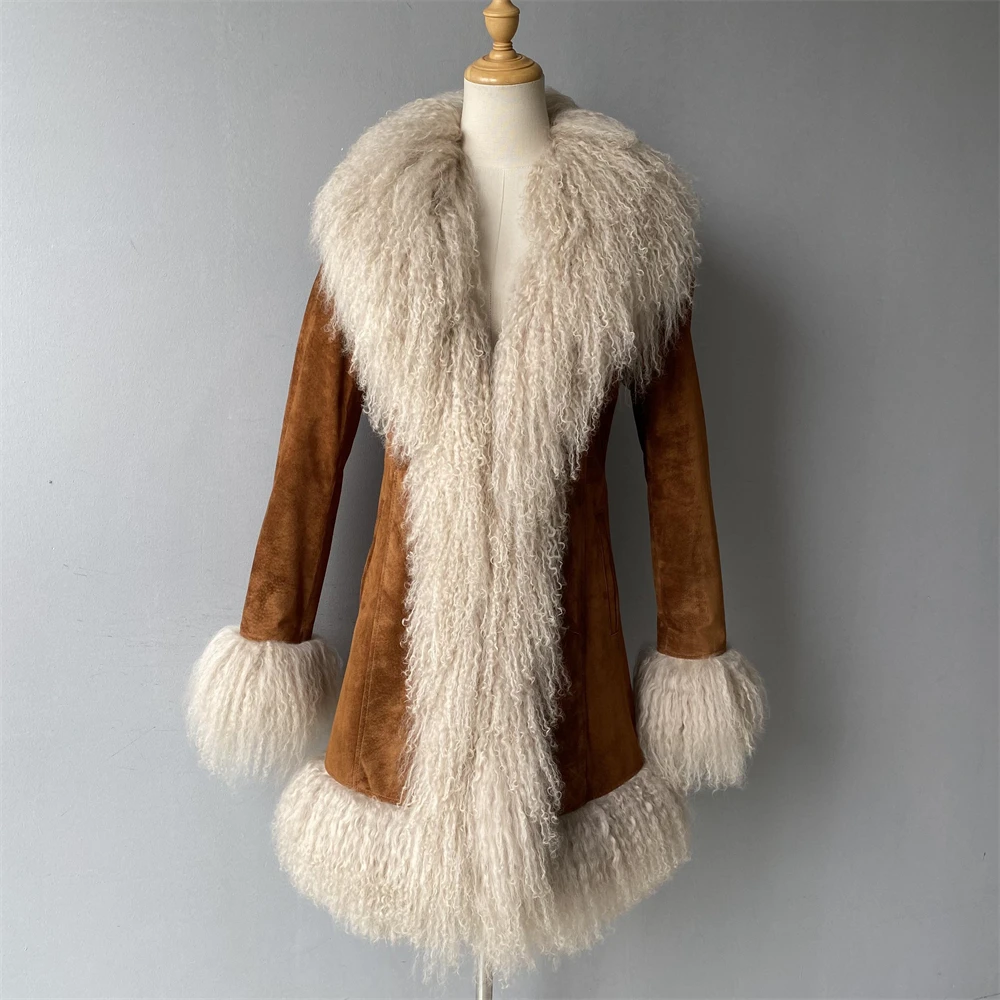 Fashion Luxury Genuine Sheep Leather Trench Coat Big Real Mongolian Lamb Fur Collar Custom Winter Suede Leather Coat for Women