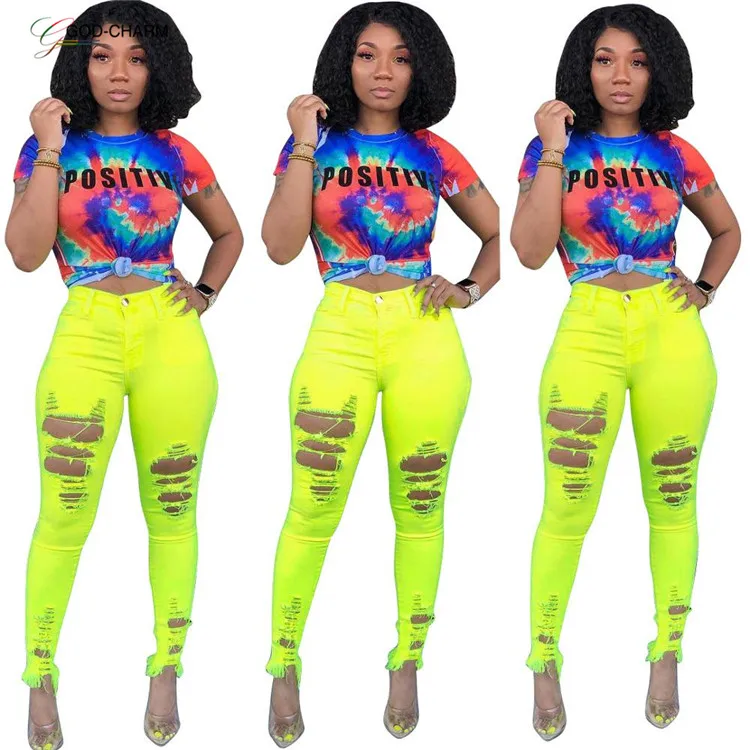 YH-86970493Wholesale casual two piece boutique women clothing neon pants and tie dye t shirts set