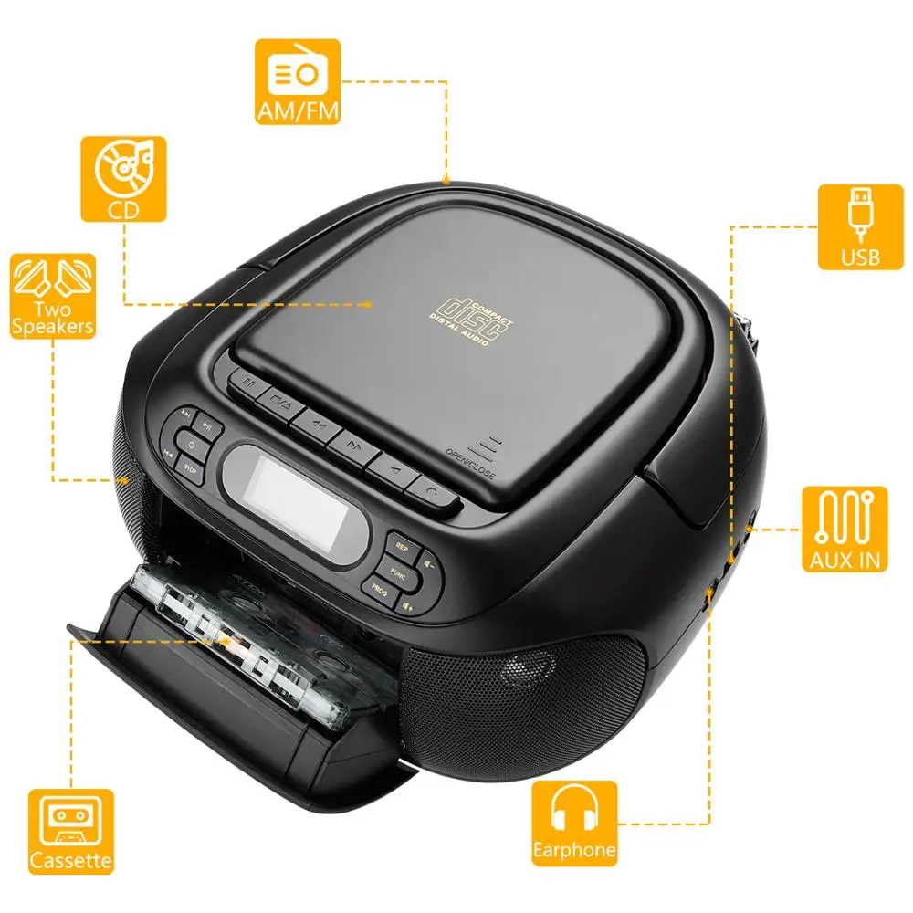 
CD Player Portable Boombox with FM Radio/USBAUX Input and Earphone Jack Output, Stereo Sound Speaker & Audio Player Black 