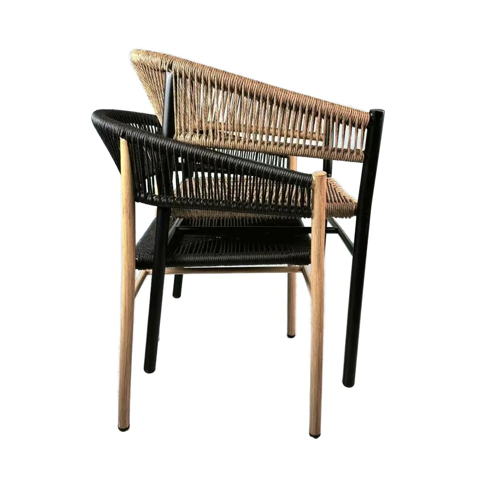 Black Aluminum Restaurant Cafe Chair Natural Woven Rattan Dining Seat for Patio Garden Hall Villa School Workshop