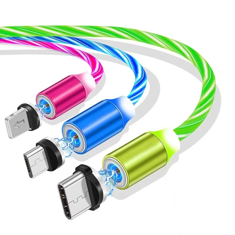 Drop Shipping Bulk Order 30% Off 3 in 1 Glowing Magnetic USB Charging Cable LED Streamer USB Charger Cable
