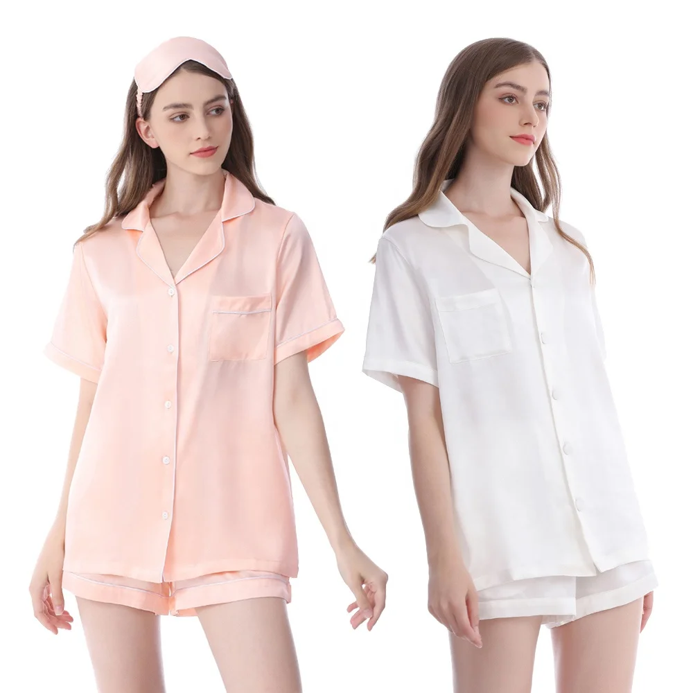 Turn Down Collar 22MM 100% Silk Pyjamas Women Pj Sleepwear Short Sets