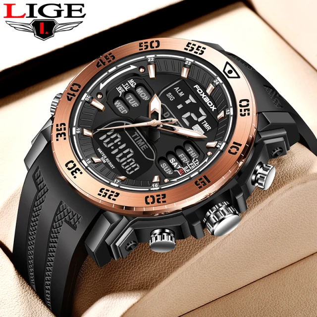 LIGE FB0009 Top Luxury Watch  Mens Watches Waterproof Sport Wristwatch Dual Display Watch Male Relogio Masculino