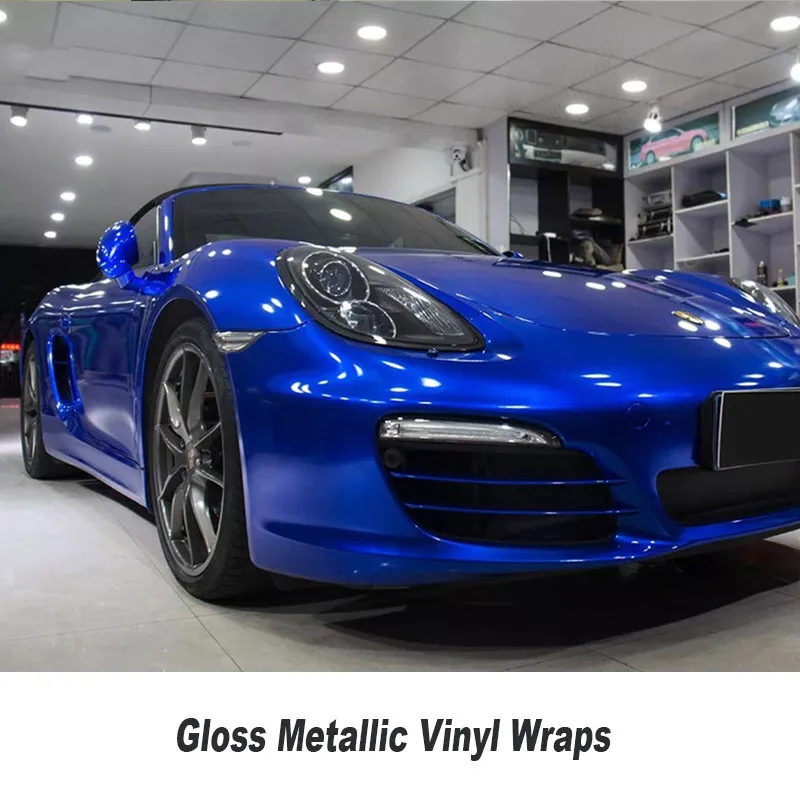 Синяя Автомобильная виниловая оболочка без пузырьков воздуха глянцевая металлическая синяя для кузова