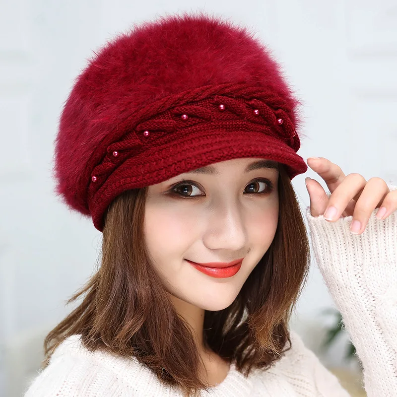 winter new solid color women rabbit fur beret cap with pearls high quality fascinator knitted hats for ladies