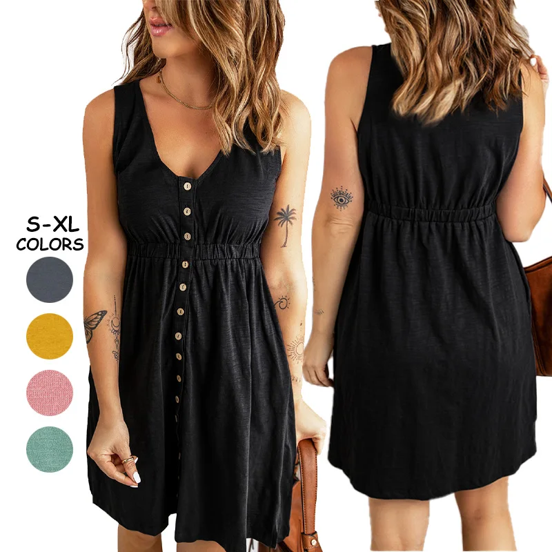2022 New Arrival Fashion Knit Ladies Clothing Button Sexy V Neck Sleeveless Casual Mini Dress Summer Dress
