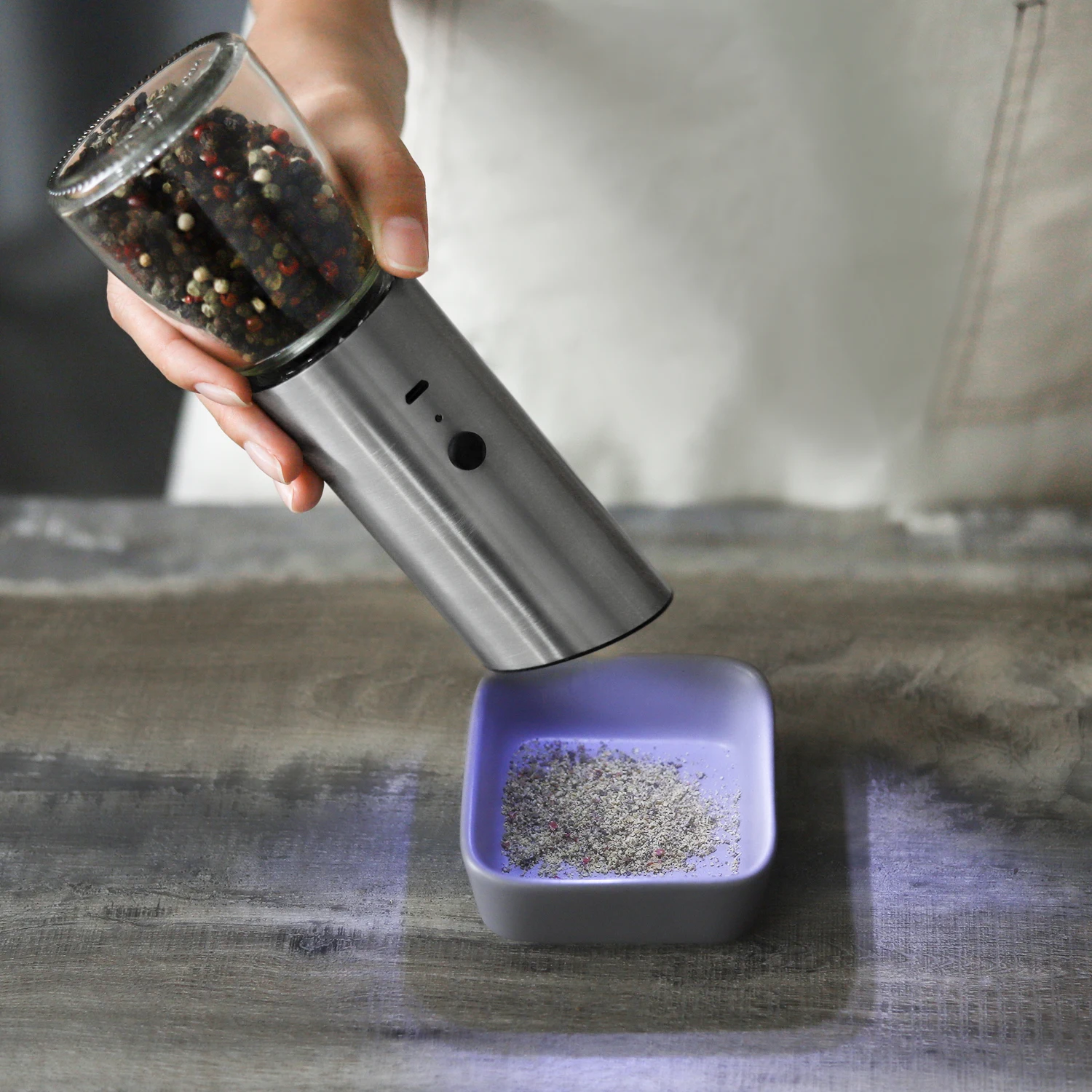 Automatic Gravity Rechargeable USB Stainless Steel Spice Mill electric pepper grinder with LED light