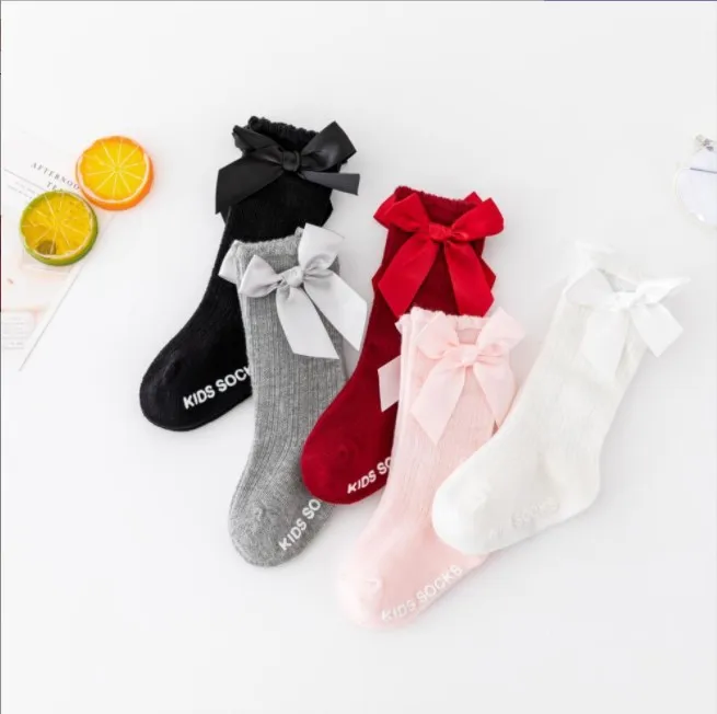 new style striped stockings pure color 100% cotton socks kids girls high socks with bows