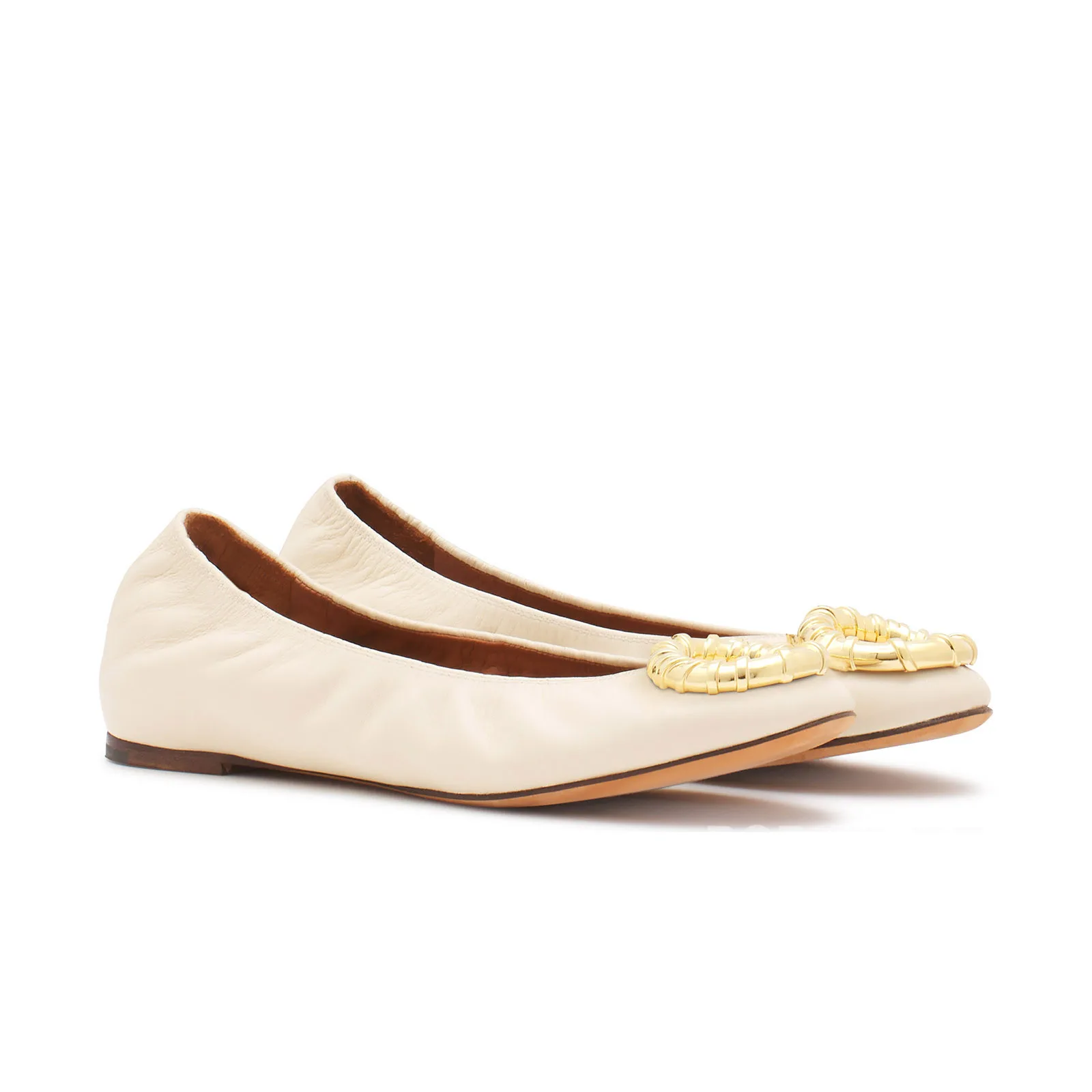 New Fashion Beige Leather Buckle-Detailed Foldable Ballerina Flats Dance Shoes Ballet Flats for Women