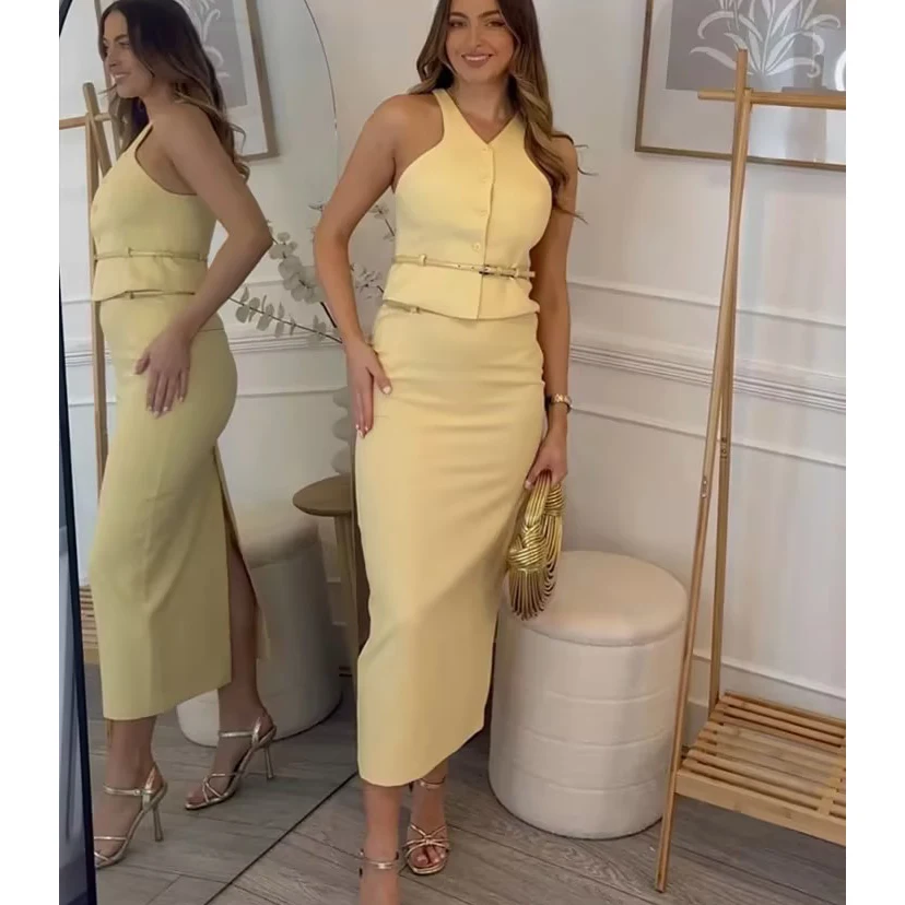 RedPeony Female Summer Set Yellow V-Neck Sleeveless Belt Single Breasted Tops+High Waist Pocket Long Skirts Women Fashion Suit