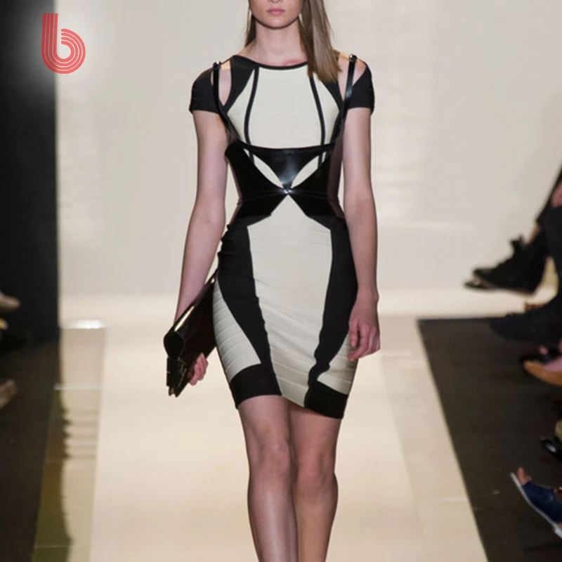 
BOYASH Round Collar Black And White Color Patchwork Shoulder Hollow Out Bodycon Tippet Fit Casual Club Party Bandage Dress 