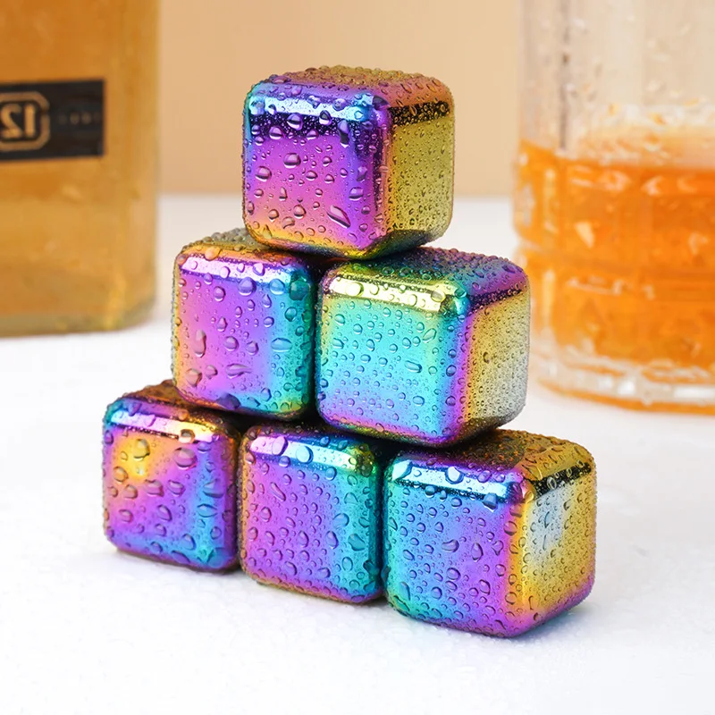 Colorful 304 Stainless Steel Whiskey Stone Ice Cube Reusable Chilling Electroplated Colored Whiskey Stones Shunston Factory