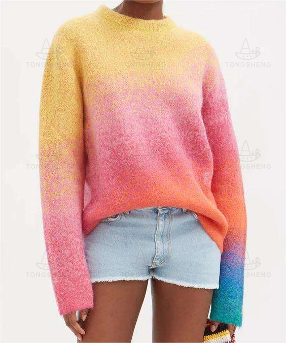 2024 Knitwear Manufacturer Custom Ladies Fluffy Knitted Striped Multi Color Colourful Rainbow Mohair Sweater For Women