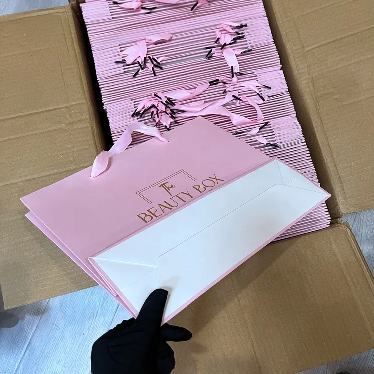 PINK hair bags for bundles pink Top Quality Luxury White Foldable Paper Shopping Bag Custom Logo