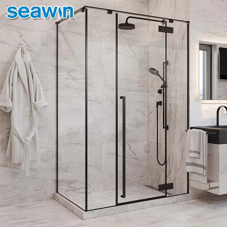 Seawin Bathroom Adjust Corner Bath Cabin Shower Enclosure Door With Aluminum Black Frame