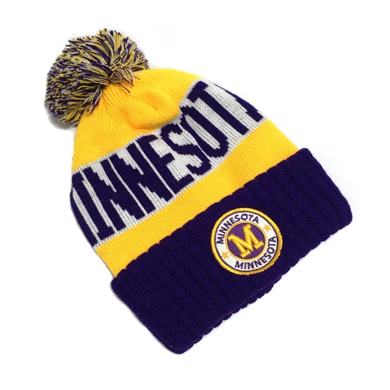 Weave and embroidery custom logo wooly hat, acrylic custom bobble hat