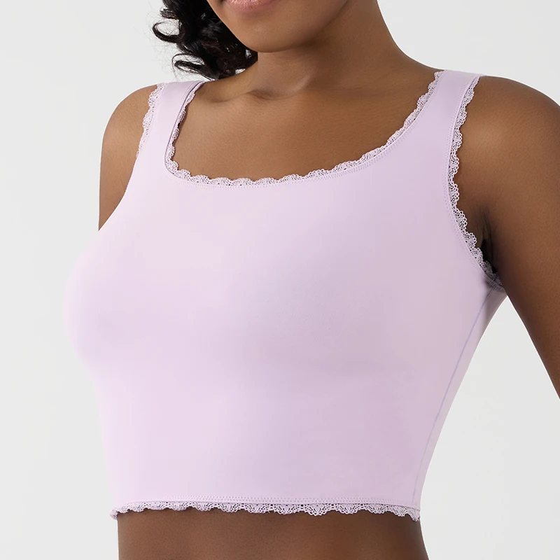 SK1255 Women Sexy Lace Tank Tops Square Neck Super Stretchy Summer Sports Yoga Tops Shockproof Workout Tops Activewear