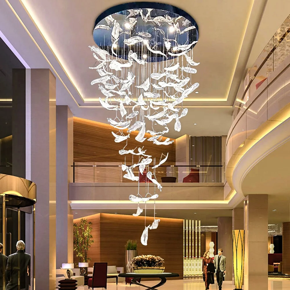 Hotel engineering lobby large feather art glass stair chandelier lamp