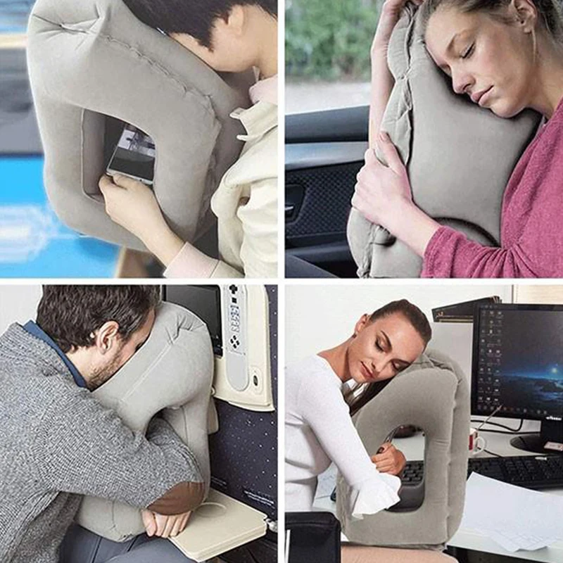 downy flocking inflatable travel pillow with head and arm rests for airplane, bus, train, car, camping, backpacking