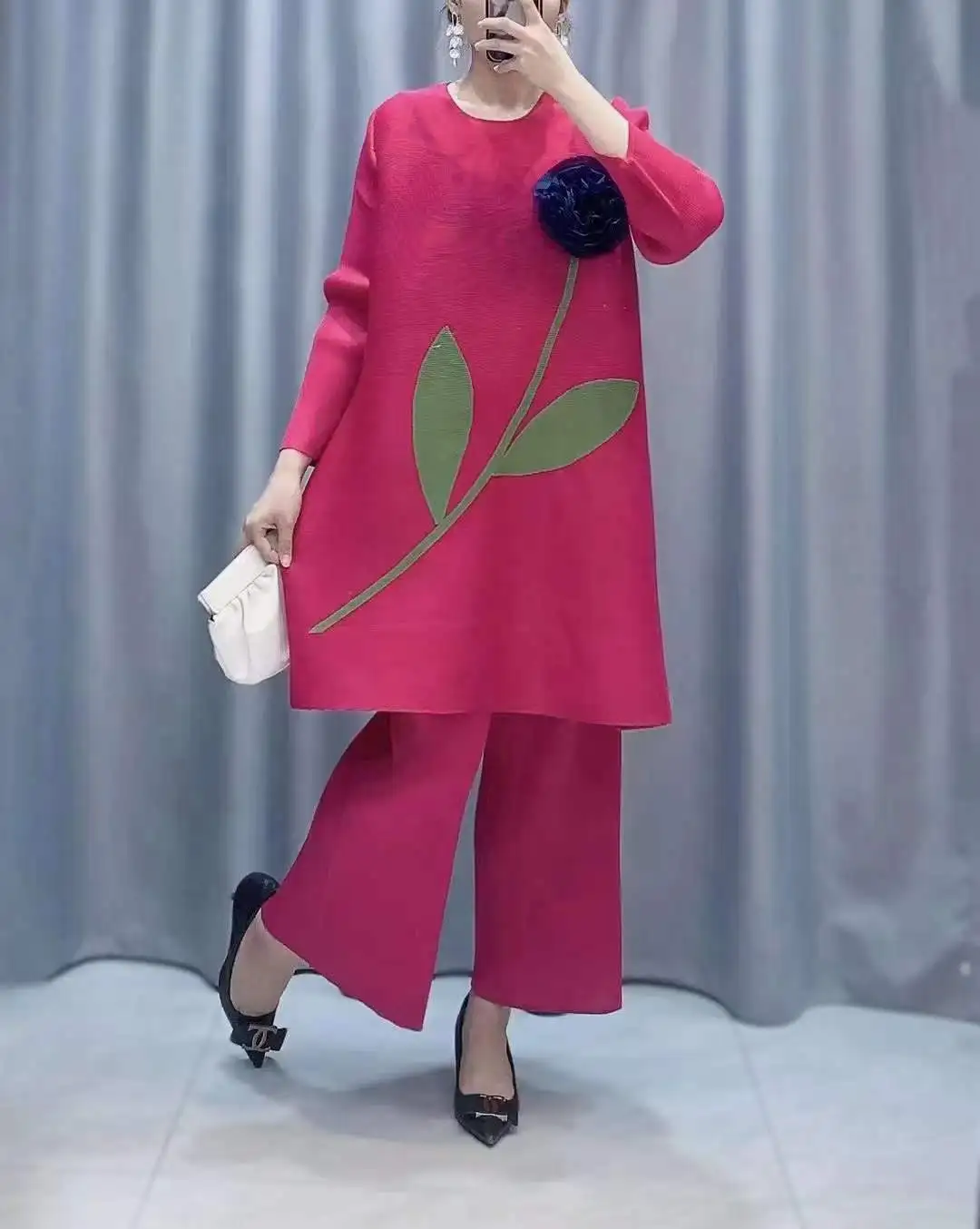 Latest Autumn Floral Print Design Indian Wear Plus Size Straight Miyake Pleated O-Neck  Chiffon Breathable  Two Pieces set