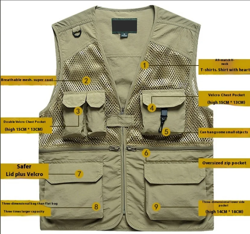 Unisex Casual Fish Pocket Vest Black Lightweight Outdoor Fishing Jacket Breathable Mesh Pockets Custom Fabric Cargo Vest Men