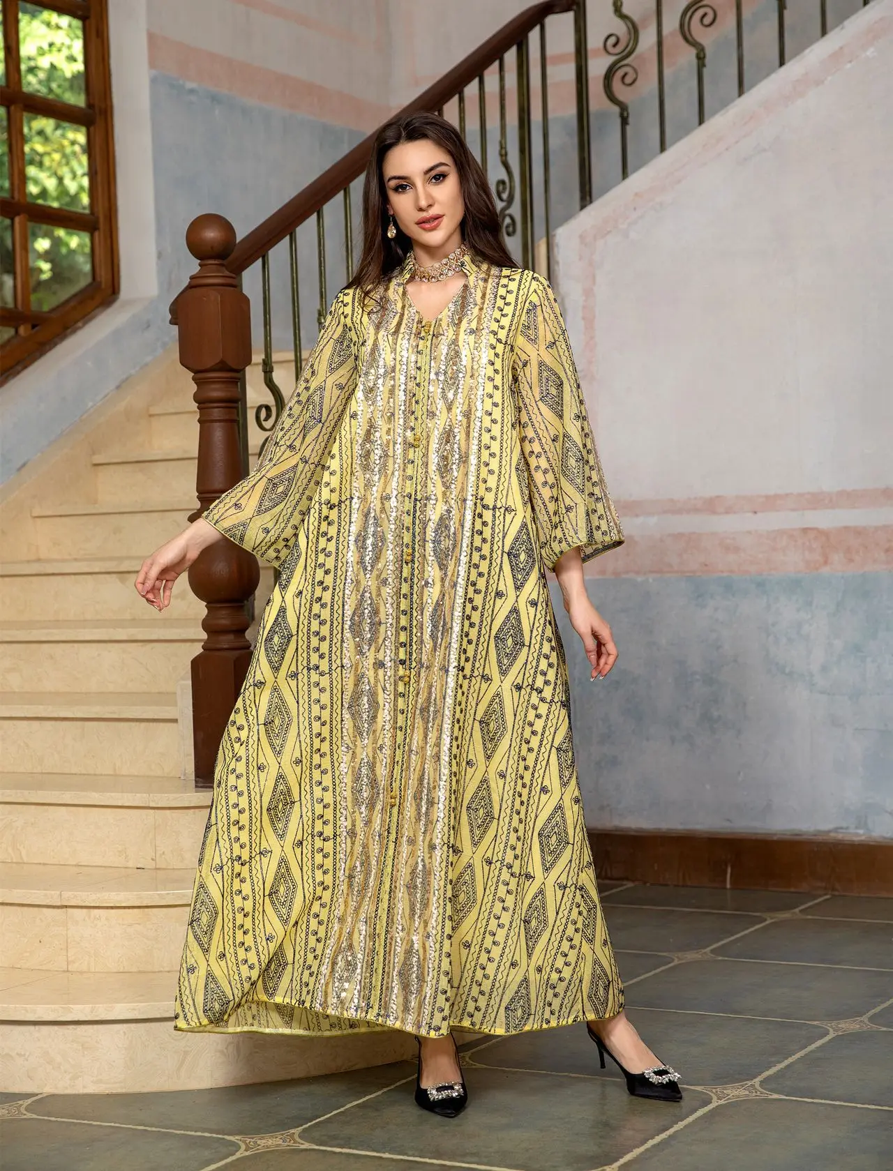 AB355 2024 Muslim New Year Mesh Embroidered Evening Gown Sequin Splicing Dress Fashion Dubai Robe