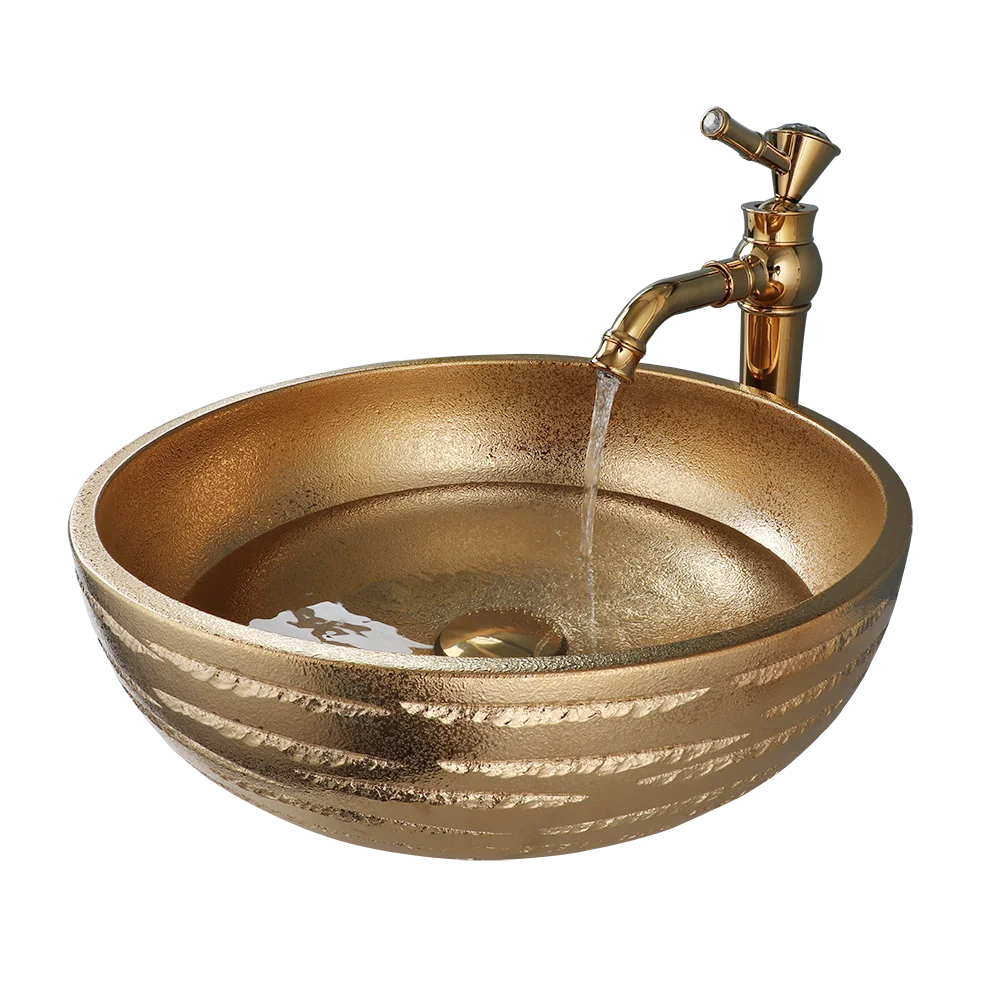 JIeni Golden Ceramic Lavatory Bathroom Washbasin Basin Sink Set Solid Brass Tap Combine Mixer Faucet Free Overflew